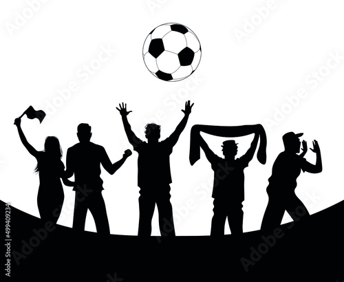 Football fans silhouettes. Black flat figures cheering and screaming on the soccer match. Vector, isolated, sport.
