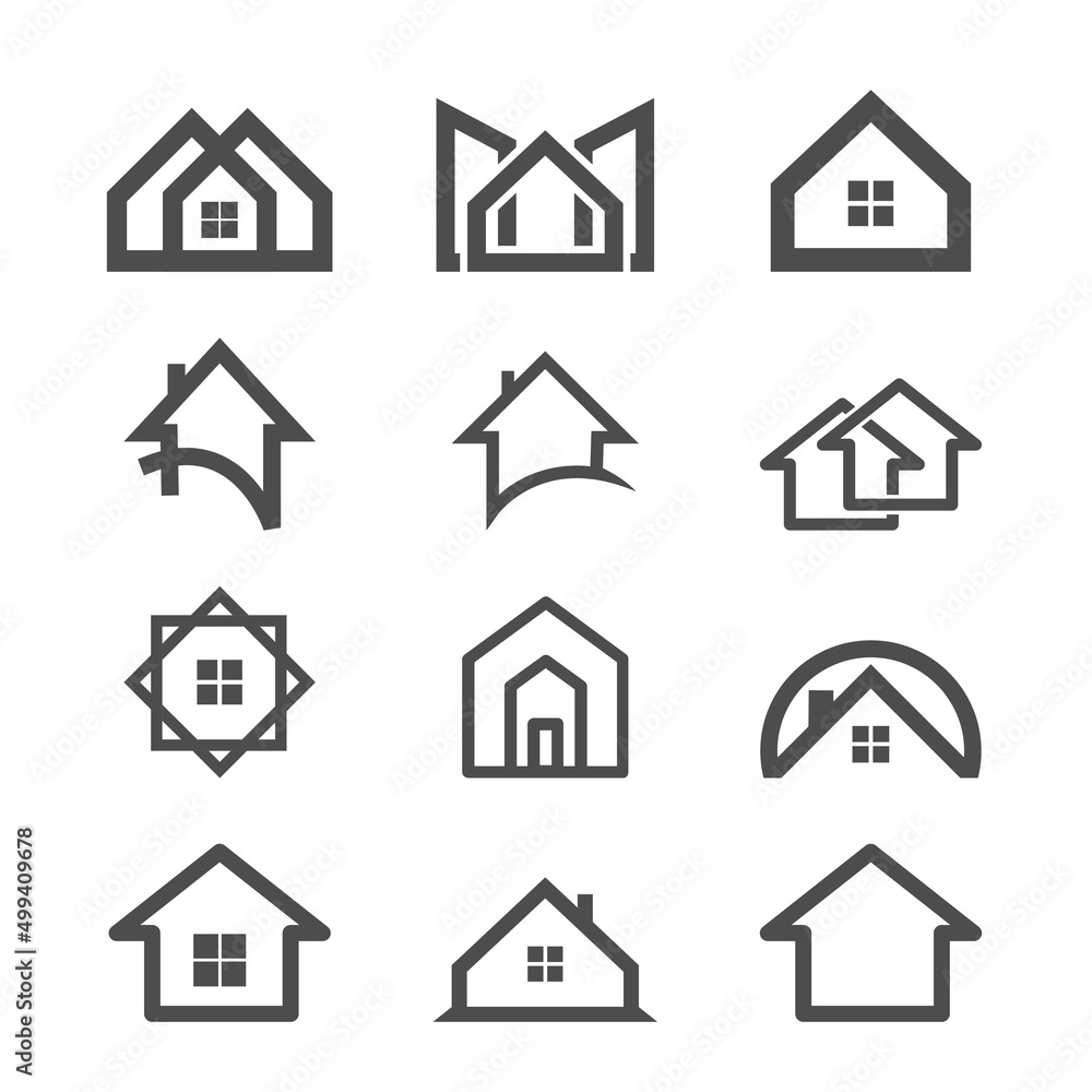 Set of line houses. Home symbol collection. Buildings group. Real estate pictograms. Property sign. Vector isolated on white. Set of line houses. Home symbol collection. Buildings group. Real estate pictograms. Property sign. Vector isolated on white.