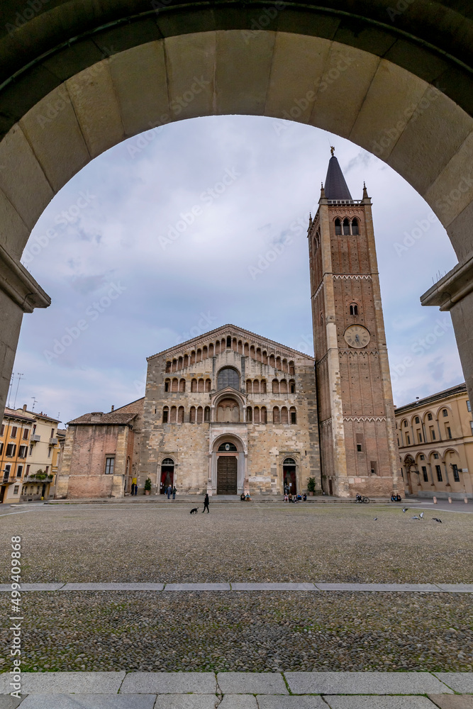 The cathedral of Parma, Italy, framed in an arch