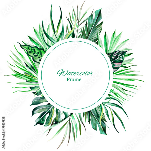 Watercolor round troical frame on white background. Troical leaves design photo