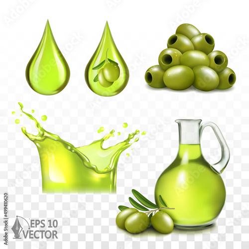 Realistic jug of olive oil, green olives on a branch, oil splash and drops, healthy food and natural cosmetic ingredients, 3d realistic vector illustration