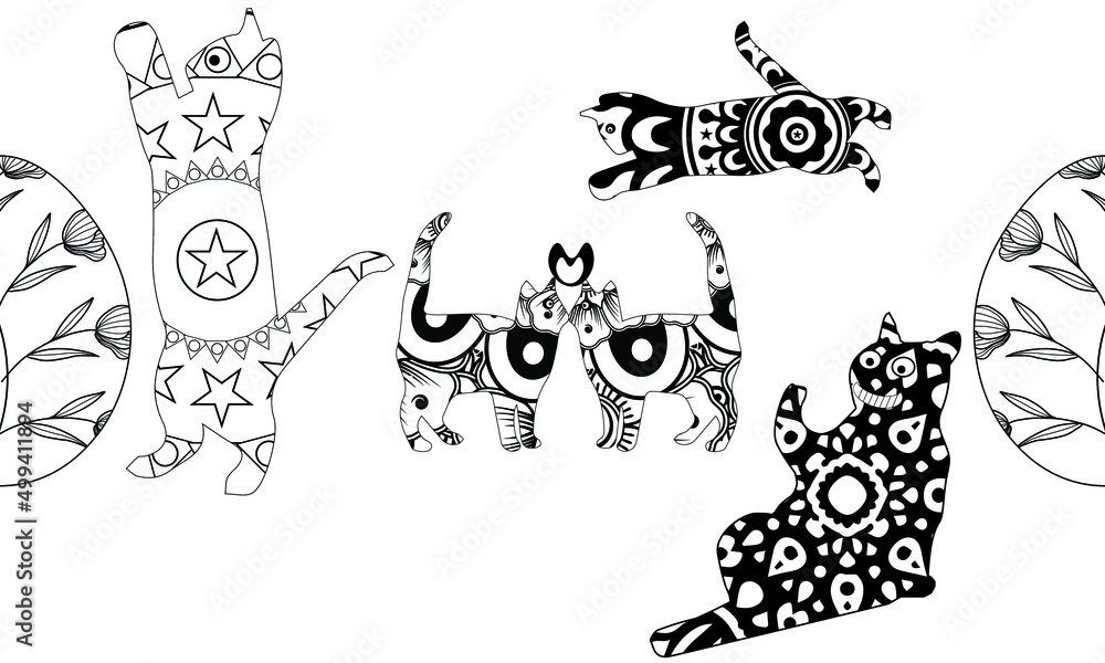 Cat Coloring Page. Adult Coloring Book idea. Antistress freehand sketch