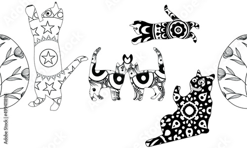 Cat Coloring Page. Adult Coloring Book idea. Antistress freehand sketch drawing with doodle and zentangle elements.