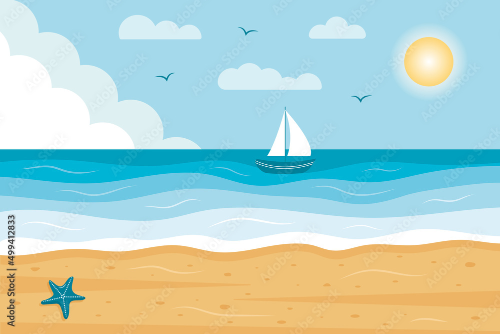 Naklejka premium Seascape panorama with sailboat. Tropical beach with starfish. Paradise nature vacation, ocean or sea seashore.