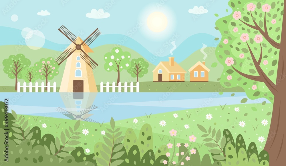 Summer landscape with mountains, trees, fields, river, houses, windmill and flowers. Panoramic countryside. Cute illustration in flat style. Summer landscape with mountains, trees, fields, river, houses, windmill and flowers. Panoramic countryside. Cute illustration in flat style.
