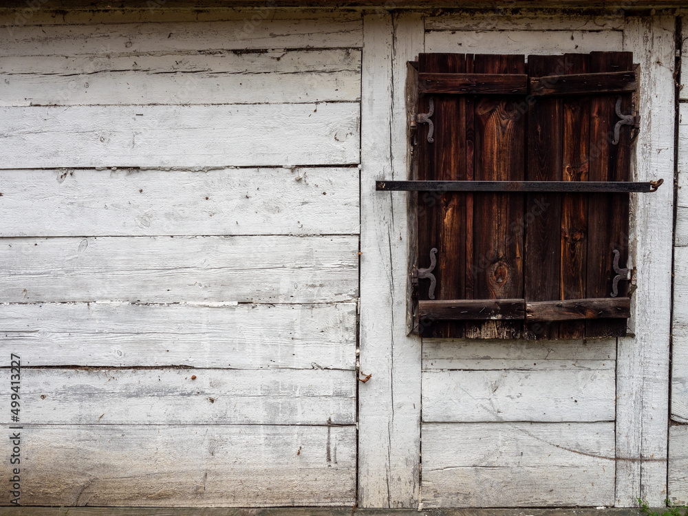 White wooden house, Brown wooden shutters, Poland White wooden house, Brown wooden shutters, Poland