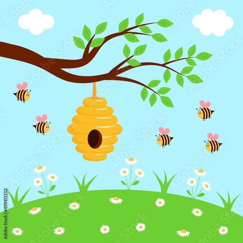 Tree branch with beehive and cute bees on the meadow full of chamomiles. Summer landscape.