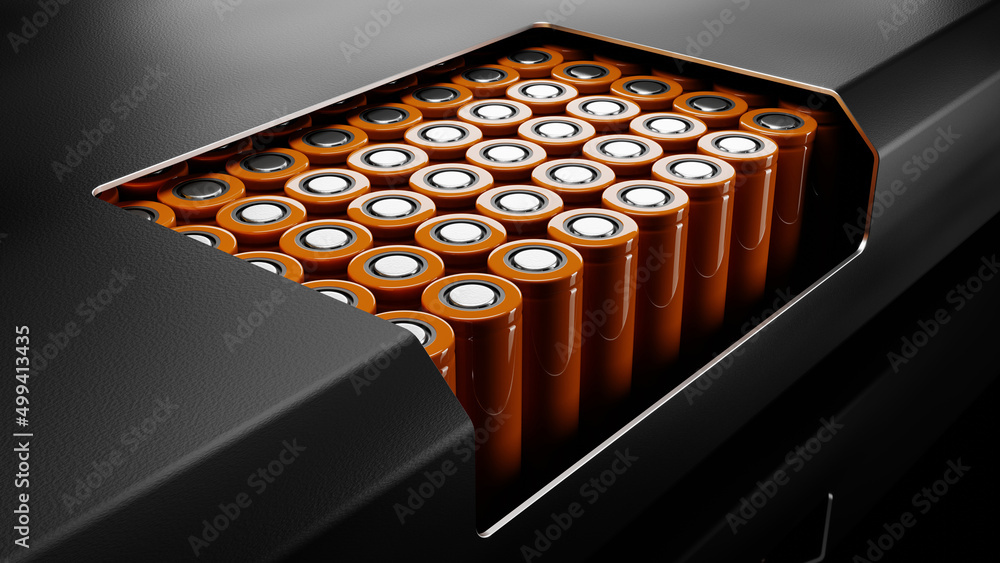 Lithium-ion battery assembled from 18650 cells with a cut in the case to show the contents. 3d render - obrazy, fototapety, plakaty 