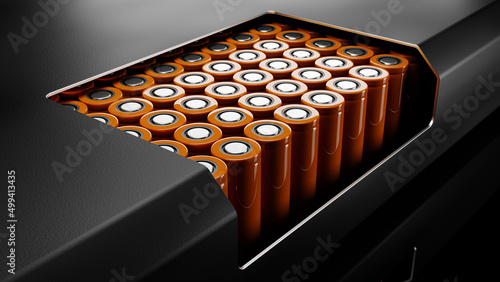 Lithium-ion battery assembled from 18650 cells with a cut in the case to show the contents. 3d render
