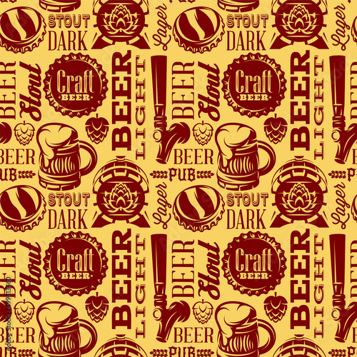 Seamless background for packaging design with set of elements and inscriptions on the theme of beer