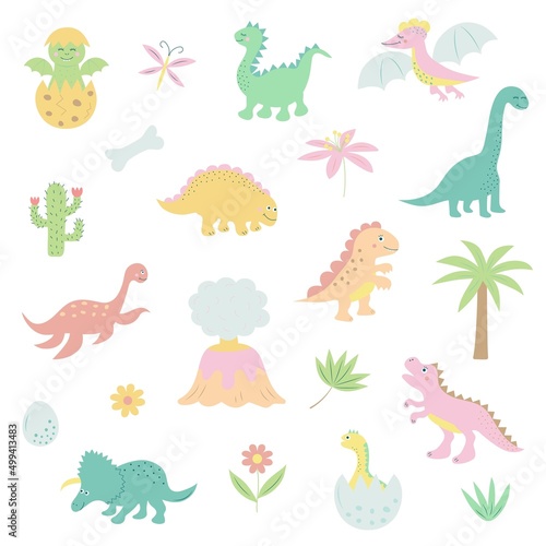 Funny cartoon dinosaurs and prehistoric elements set. Dino baby collection.