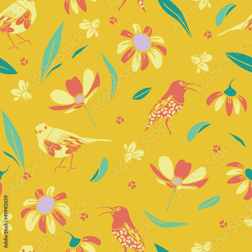 Vector Yellow salmon birds and leaves seamless patternd on a yellow background. Vector design for paper, cover, fabric, interior and other users