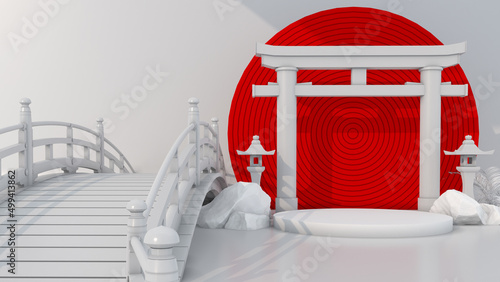 3D render Japanese gateway Torii white podium on Red Circle background for premium product