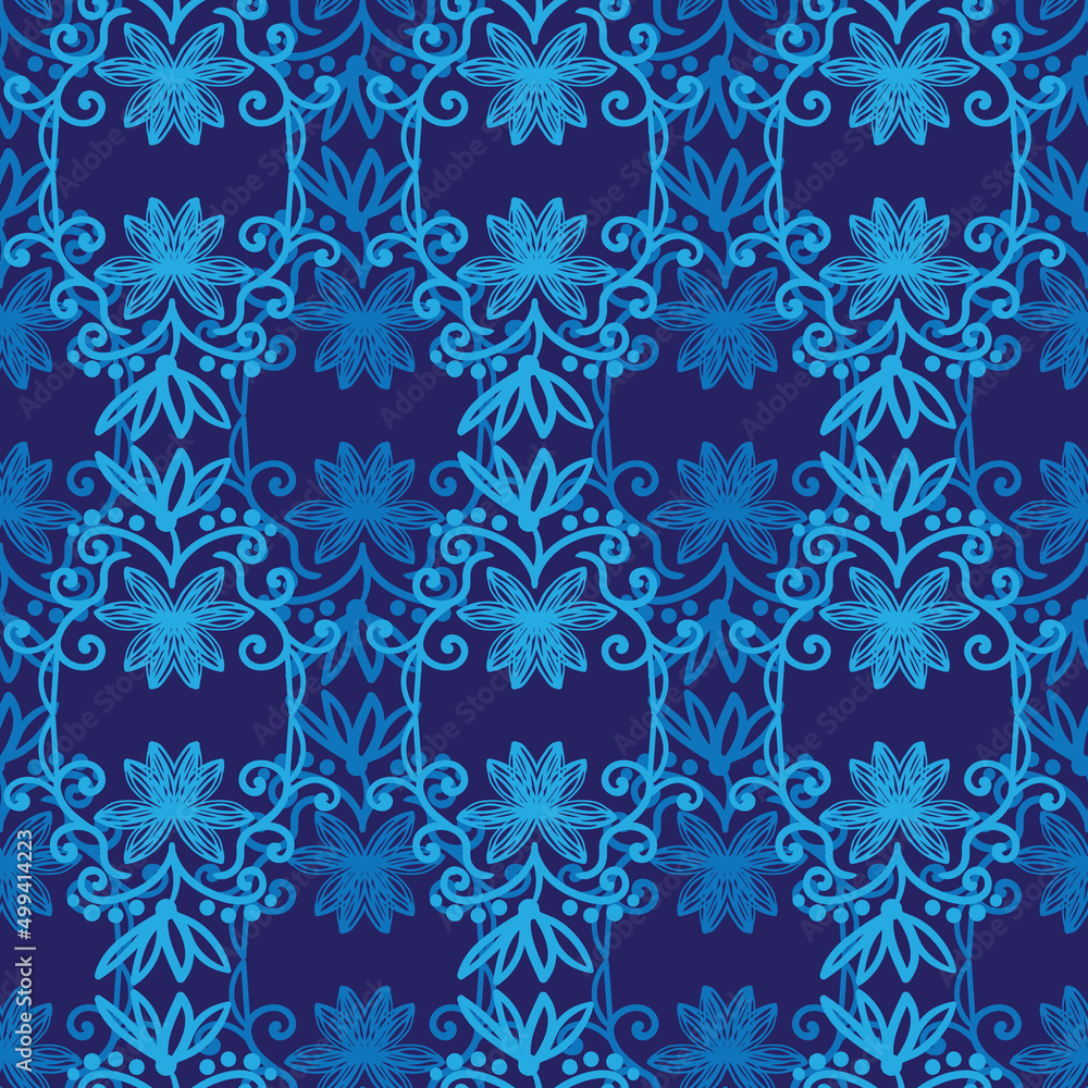 navy blue floral trellis seamless vector ornament