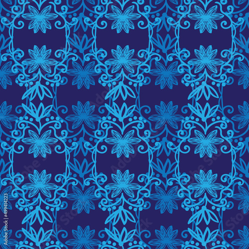 navy blue floral trellis seamless vector ornament