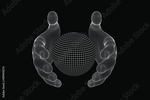 3d geometric hand grid futuristic hand holding world