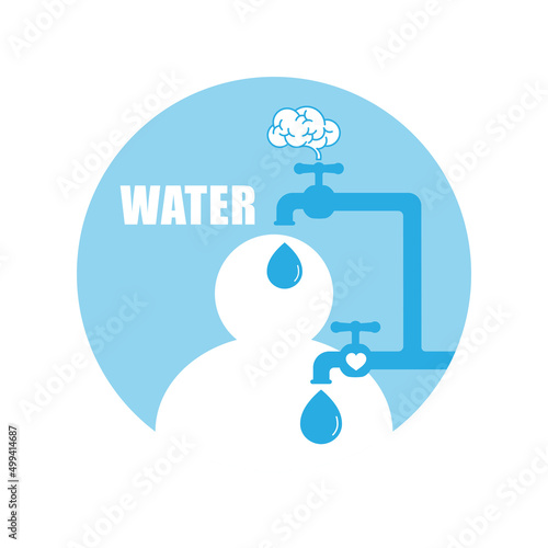 Person icon with plumbing and water drop falling on head and left chest as a gimmick of think and care. Water awareness concept. Vector illustration outline flat design style.