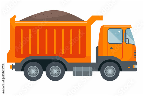 orange truck transports coal. transportation of building materials. flat vector illustration.