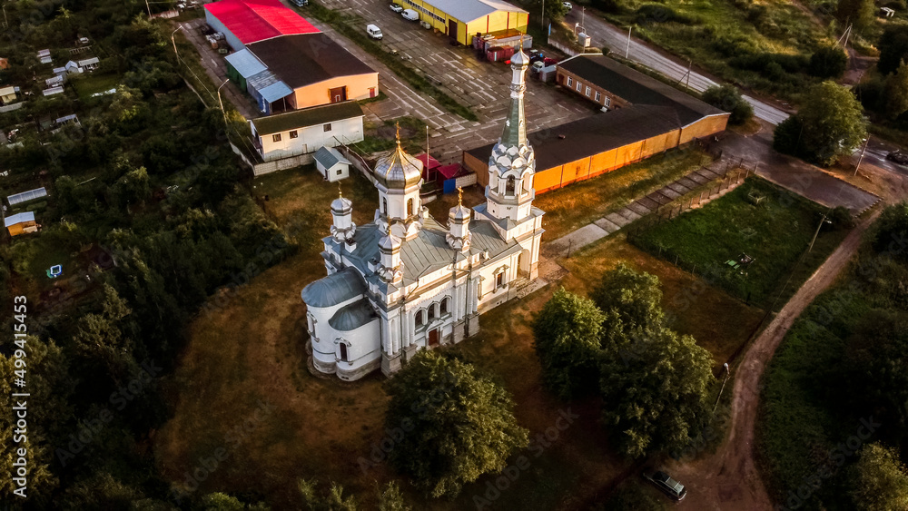  flight over the church of alexandra of rome in the lugovoy park of peterhof.