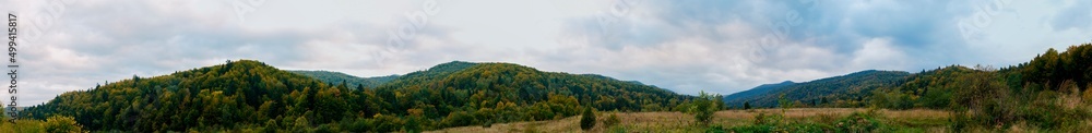 Panorama of autumn trees in the mountains, cloudy sky
