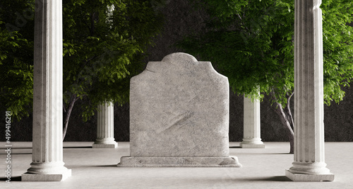 Photo Realistic mockup of gravestone headstone tombstone with Corinthian columns and trees background