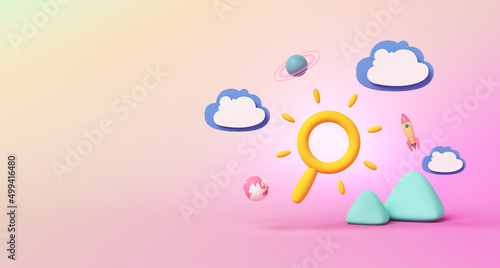display kids colorful cute pink. discovery have fun your creative imagination children's dreams and future with spaceship sun saturn cloud mountain and sky. background for graphics. 3D Illustration. © chawalit