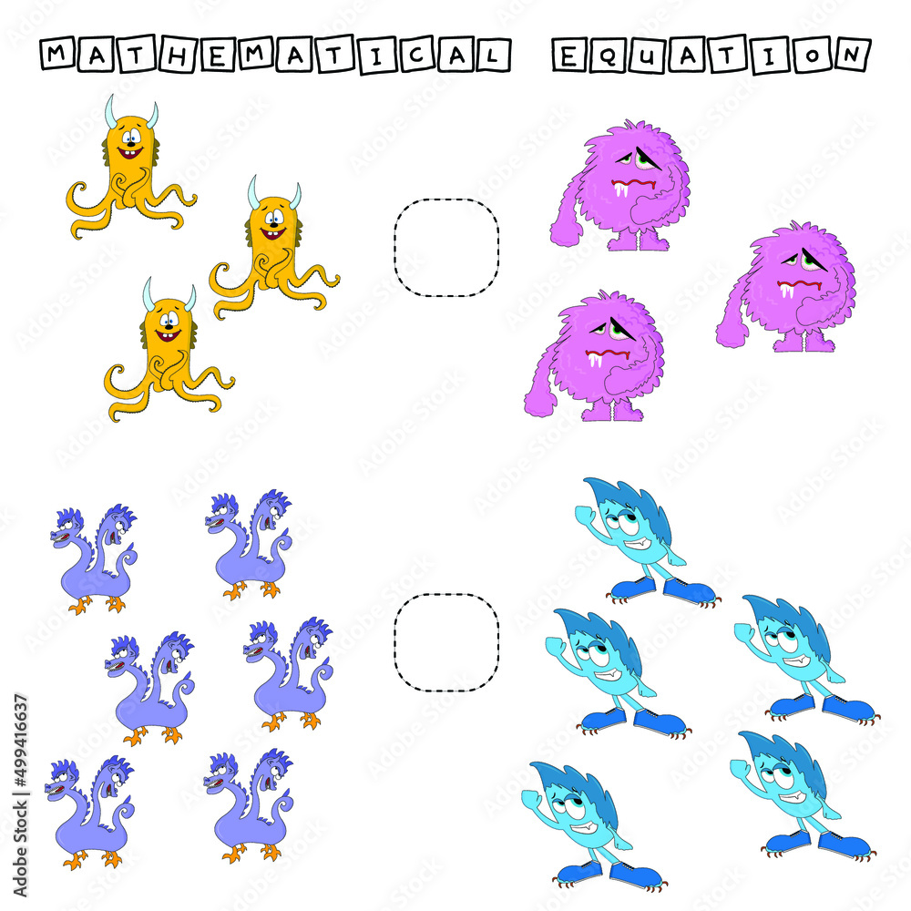 Developing activities for children, compare which more monsters. Logic game for children, mathematical inequalities. Developing activities for children, compare which more monsters. Logic game for children, mathematical inequalities.