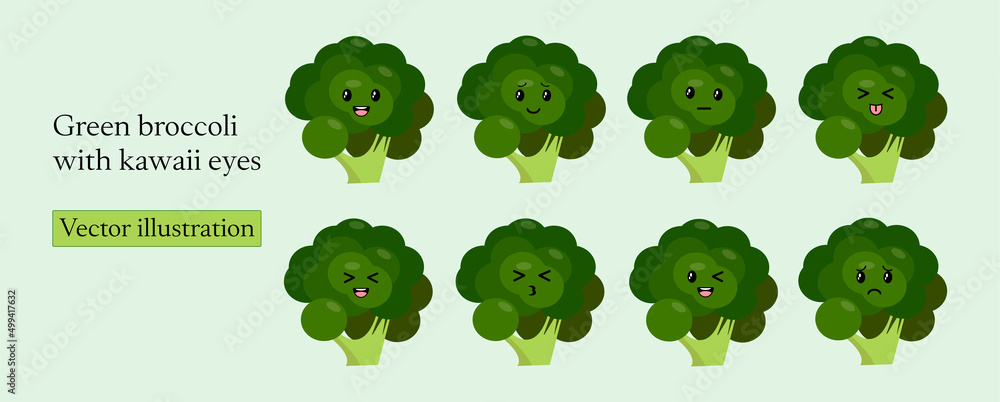 Set Green broccoli with kawaii eyes. Flat design vector illustration of green broccoli on green background Set Green broccoli with kawaii eyes. Flat design vector illustration of green broccoli on green background