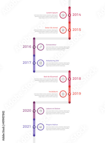 Vertical timeline infographics with five eight with icons and text
