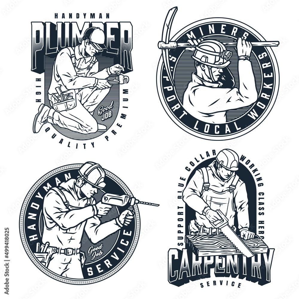 Obraz premium Workers with tools emblems set