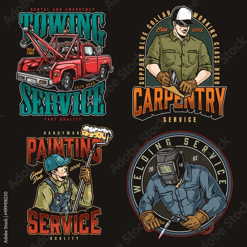 Working men and tow truck labels set