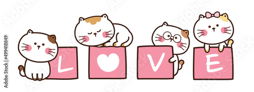 Cat with love writing on pink box hand drawn banner.Kitten various poses background.Cute cartoon character design.Animal doodle style.Image for card,poster,kid wear.Kitten.Heart.Vector.Illustration.