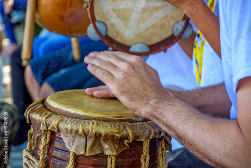 Rustic percussion instrument called atabaque and used in capoeira and Brazilian samba performances photo