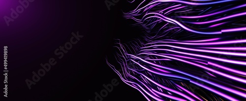 Purple abstract tentacles in dark. Futuristic 3d render roots with neon and blue highlights stretch towards shimmery light. An ancient alien monster is approaching surface
