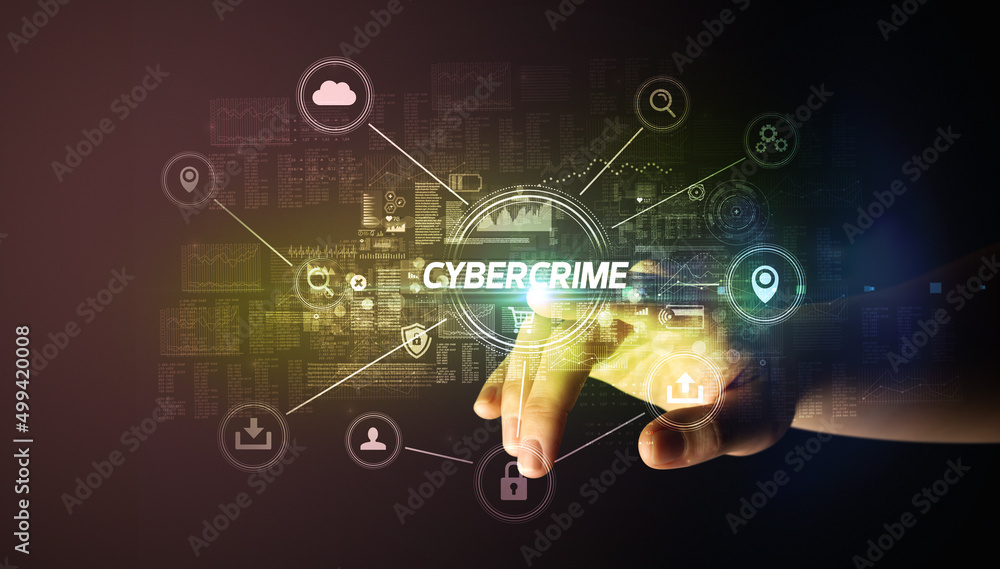 Hand touching cybersecurity button concept Hand touching cybersecurity button concept