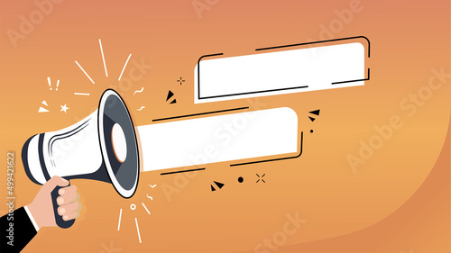 Retro megaphone with text together on a colored background. Human hand holding a rupor Speaker. Vector illustration, EPS 10