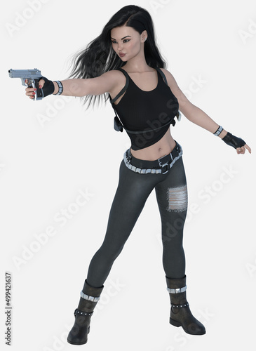 Nico is a beautiful young woman with long black hair on an isolated white background. 3D illustration character model render.