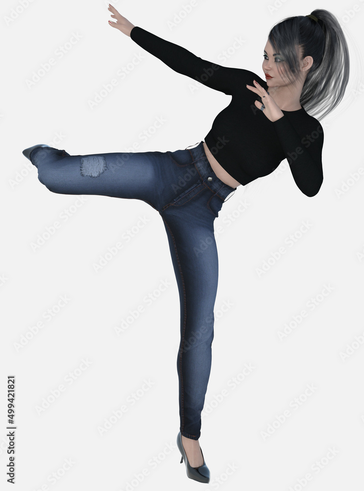 Obraz premium Nico is a beautiful young woman with long black hair on an isolated white background. 3D illustration character model render.