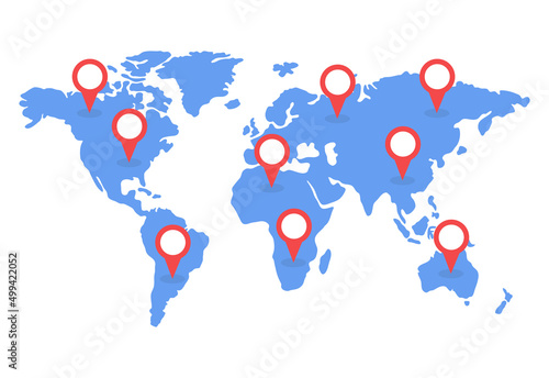 World map with pointer signs. Vector illustration.