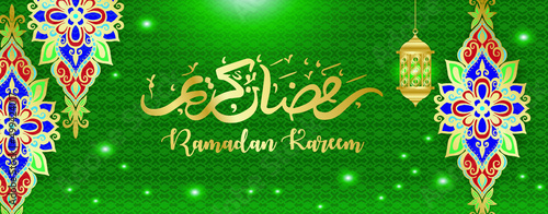 Ramadan Kareem concept banner 3d gold frame Arabic window on beautiful background beautiful Arabic pattern vector illustration hanging golden crescent moon and paper cut stars at clouds for text