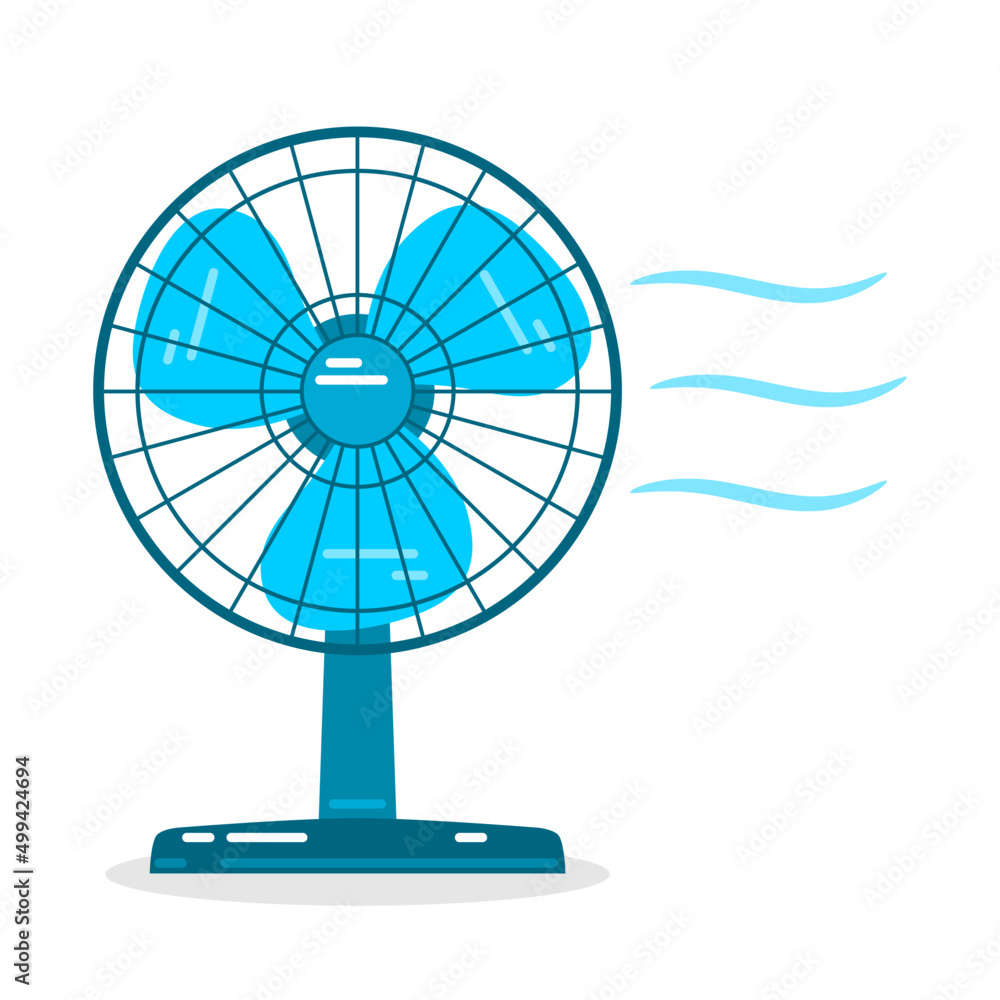 Blue electric table fan with cool breeze on white background flat vector icon design. - obrazy, fototapety, plakaty 