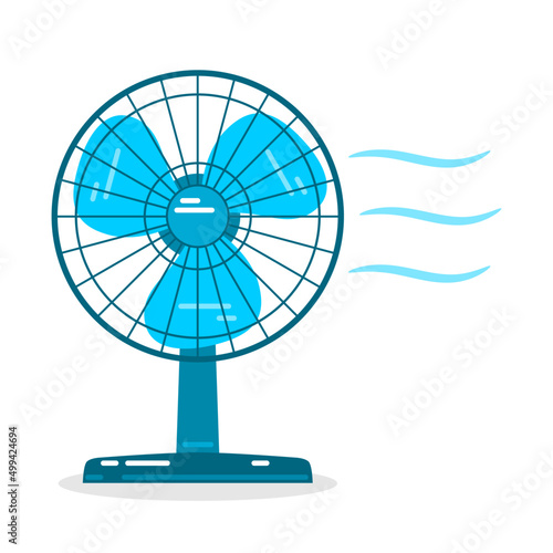 Blue electric table fan with cool breeze on white background flat vector icon design. photo