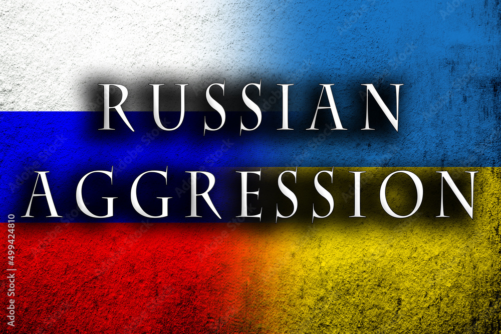 Obraz premium Russian aggression message on Dirty Ukraine flag with Russian flag. Grunge background