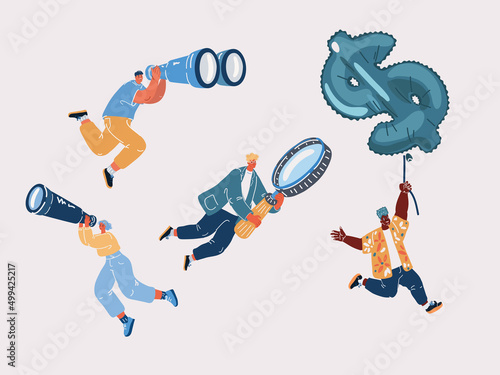 Vector illustration of flying people loking for money making opportunities. Search for new business opportunity, idea or inspiration, business visionary, challenge or achievement concept.