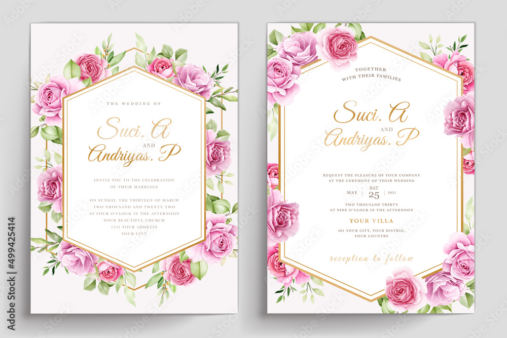 watercolor floral roses card with pink and green color set