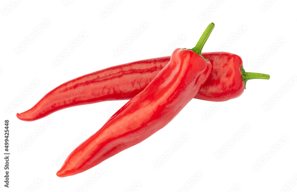 Red sweet peppers isolated on white background. Two pieces. Red sweet peppers isolated on white background. Two pieces.