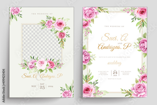 watercolor floral roses card with pink and green color set © lukasdedi