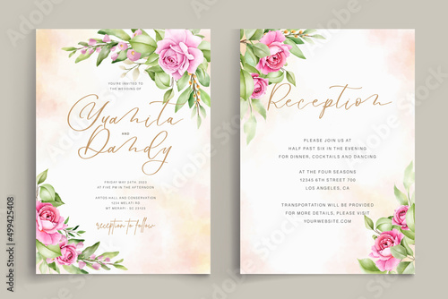 watercolor floral roses card with pink and green color set