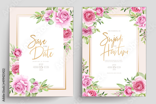 watercolor floral roses card with pink and green color set