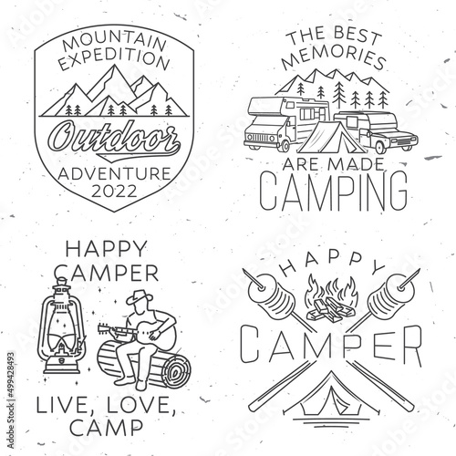 Set of mountain expedition badge. Vector illustration. Concept for shirt or logo, print, stamp or tee. Vintage line art design with campfire, marshmallow, rv, motorhome, camping trailer.